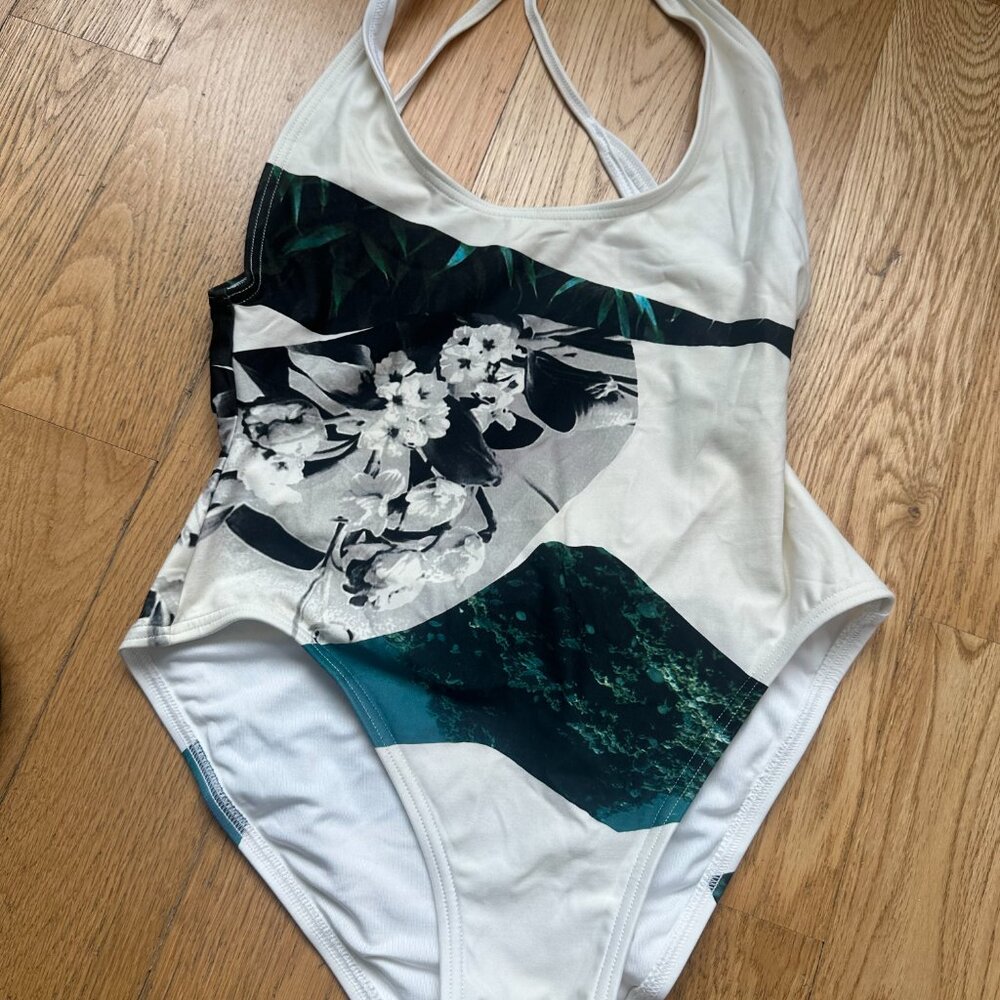 Proenza Schouler Swim One Piece Halter Swimsuit White Floral Print Sz Small